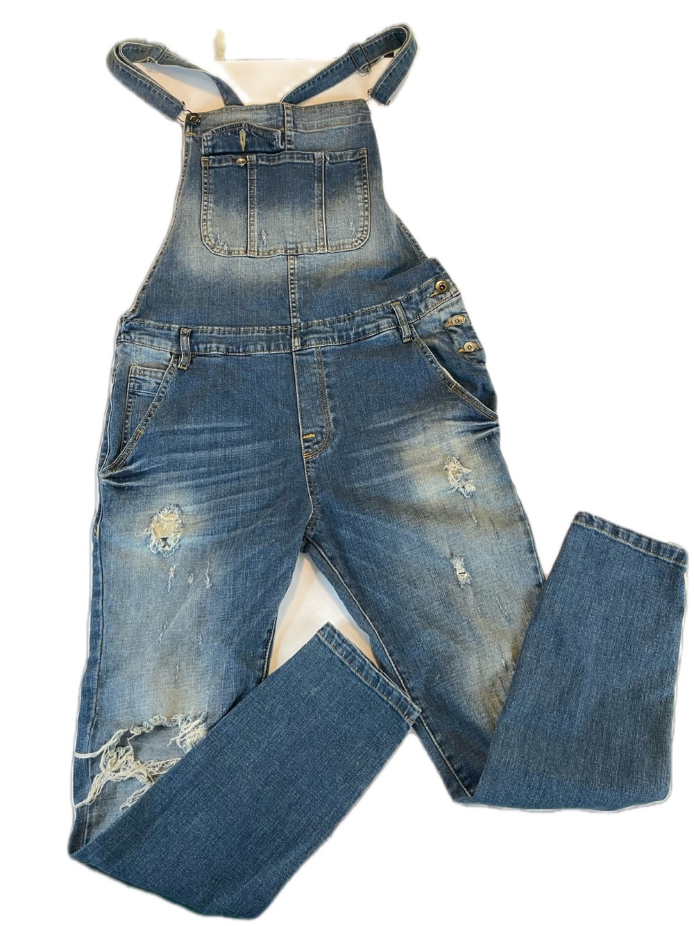 Zara Denim Distressed Overalls Blue Size Large Stretch Pockets Skinny Y2K Grunge